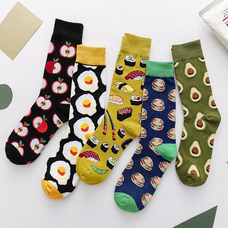 

Funny Harajuku Women Casual Cartoon Fruit Socks Banana Avocado Lemon Egg Cookie Donuts Colorful Japanese Skateboard Cotton Socks