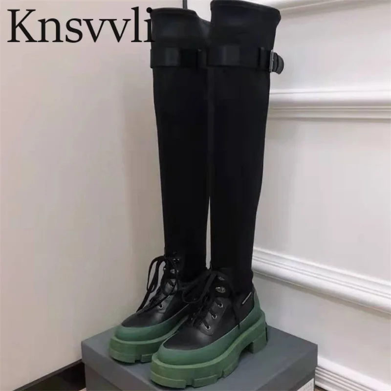 

Modern Boots Women Stretch Fabric Thick Sole Boots Ladies Black Over-the-Knee Style Shoes Genuine Leather Lace-up Boots Woman