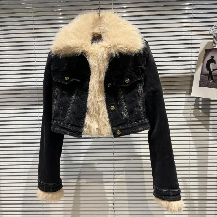 

Y2k Aesthetics Black Denim Coat Grunge Fairycore Jeans Fur Jacket 2000s Harajuku Winter Coat Patchwork Vintage Korean Tops