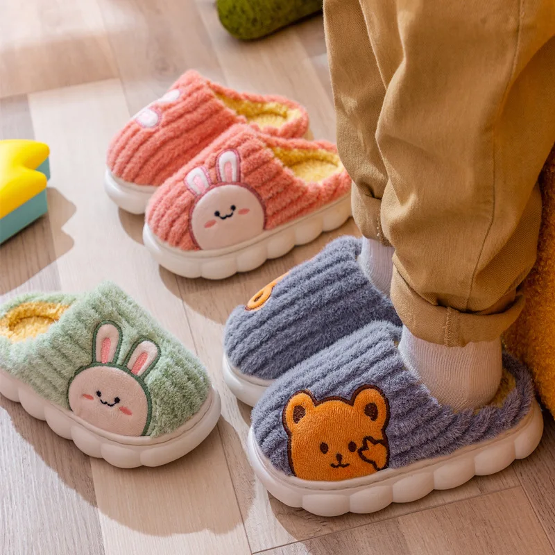 Winter Children Cute Cotton Slippers for Boys and Girls Indoor Thick Warm Home Slippers Cartoon Bear Kids Shoes House Slides