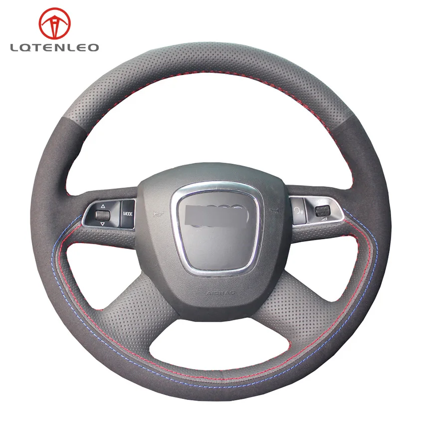

LQTENLEO Black Genuine Leather Suede Hand Sew Car Steering Wheel Cover For Audi A4 (B8) 2004-2012 A6 (C6) 2004-2011