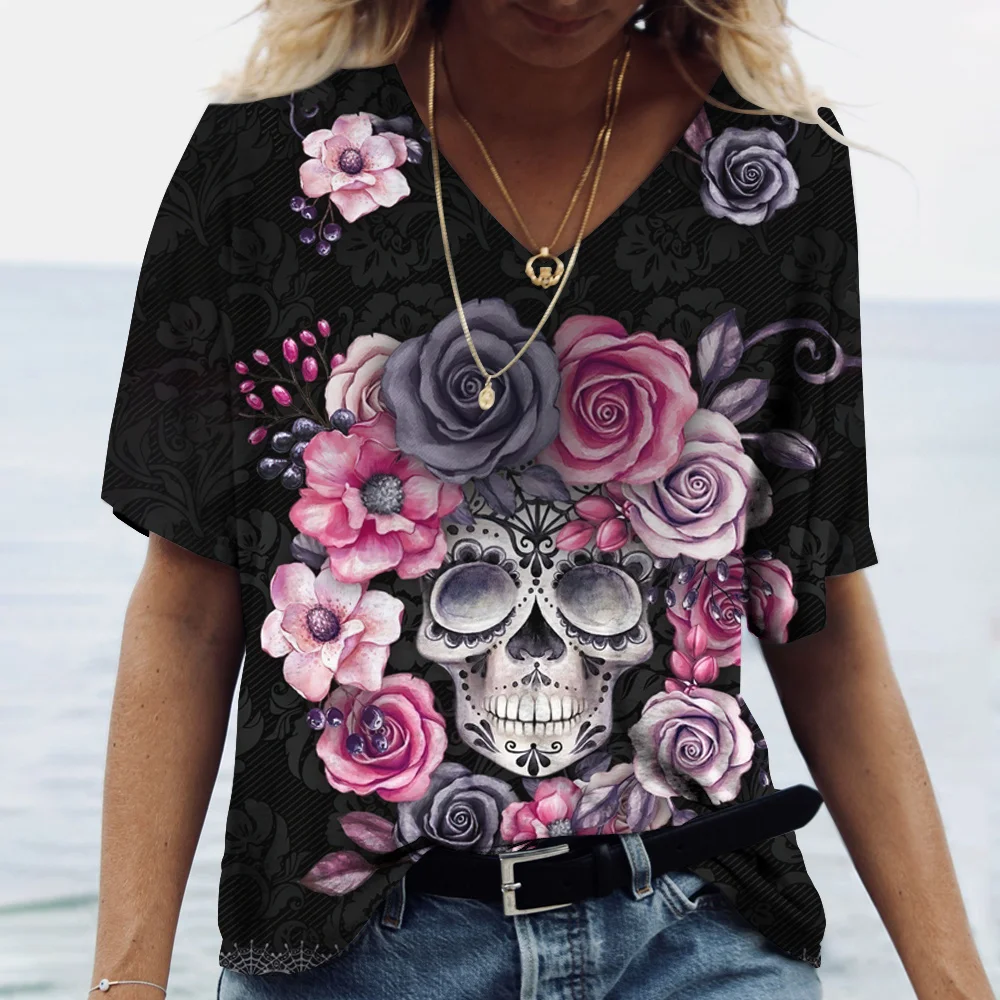 Summer 202 New 3D Horror Skull Print Women V-neck Top Short Sleeve T-shirt Casual Funny Harajuku Versatile Y2K Clothing S-5XL