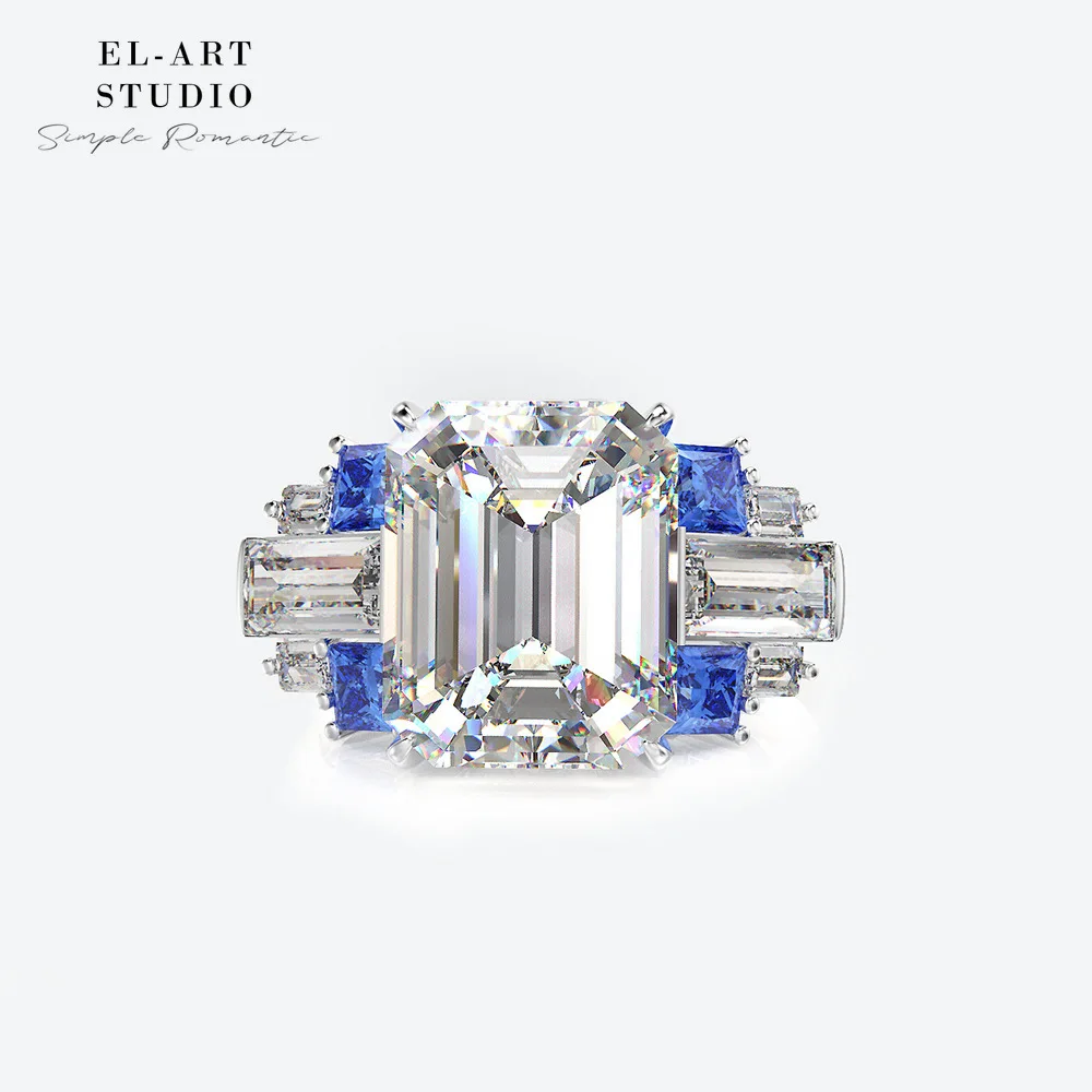 

S925 Silver 6 Carat Artificial Sapphire Rectangular Ring Asche High Carbon Diamond Euramerican Retro Vintage Anniversary Gift