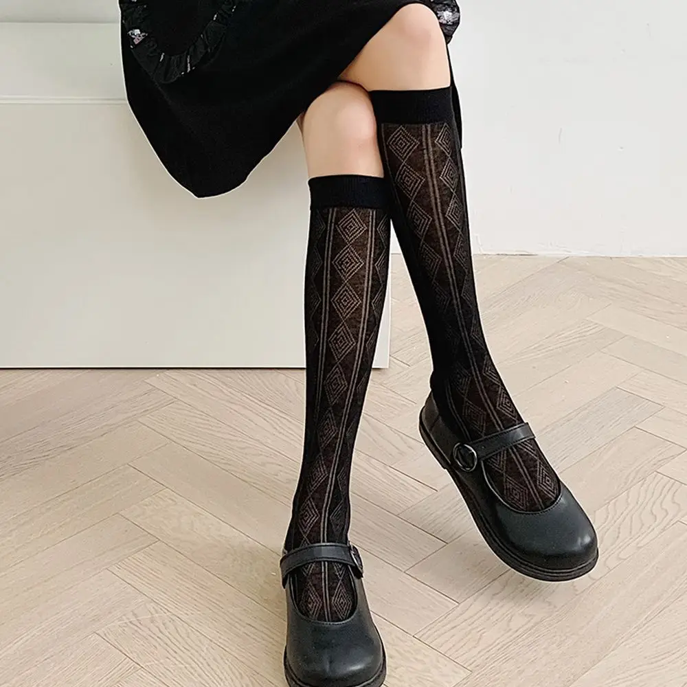 

New Fashion Stripe Leaves Hollow Mesh Stockings JK Lolita Transparent Knee High Socks Trendy Elastic Calf Socks For Women