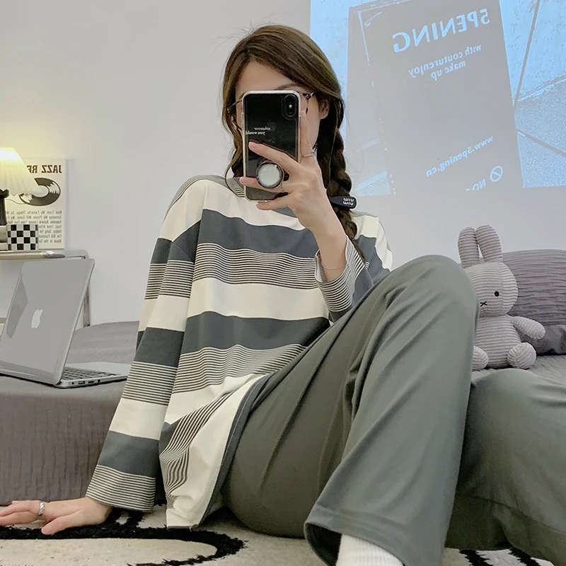 CAIYIER 2023 Soft Sleepwear Sweet Stripe Pajamas Set Long Sleeve Long Pants Kawaii Nightwear Winter Leisure Girl Pijamas mujur