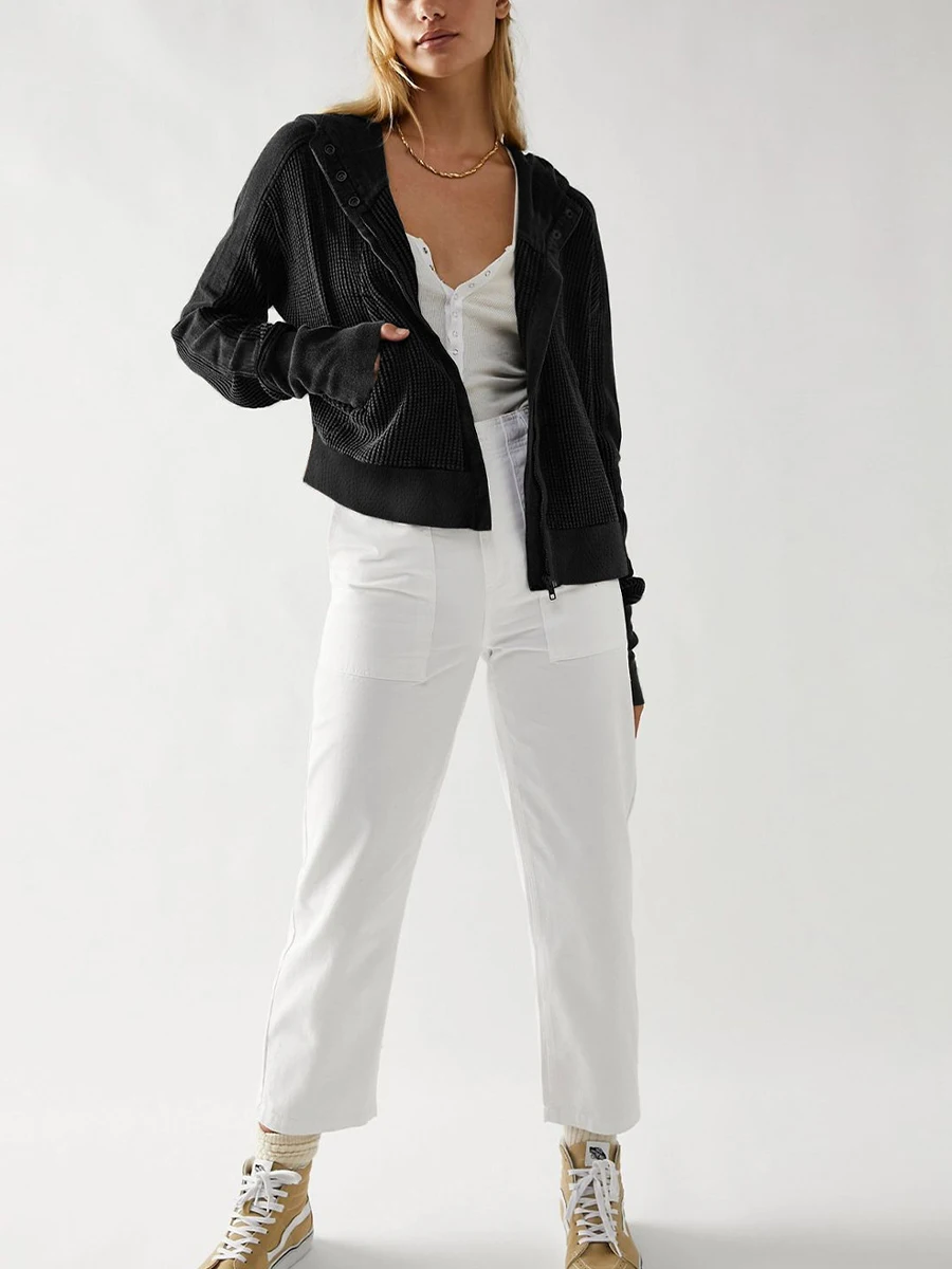 

Women Zipper Crop Hooded Sweatshirt Long Sleeve V Neck Cropped Hoodie Casual Solid Color Loose Waffle Jacket Coat