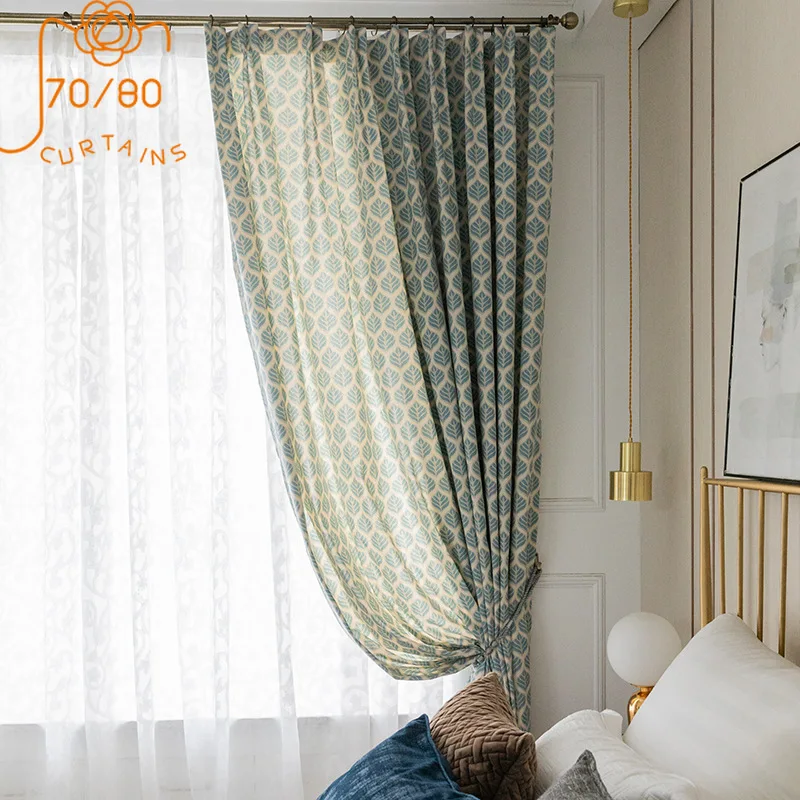 New Green Polyester Cotton Leaf Plant Printing Curtains for Living Room Bedroom Finished Custom Home Decoration