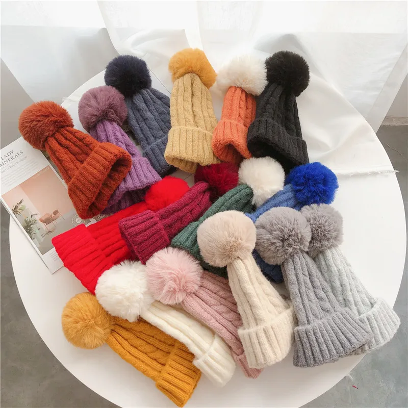 

Mother Kids Beanie Baby Hat Winter Pompom Thicken Children Boys Girls Hat Knitted Warm Kids Cap Family Parent-Child Hats