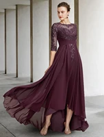 dark purple high low mother of the bride dresses 2022 elegant jewel neck chiffon lace appliques half sleeve bridal party gown