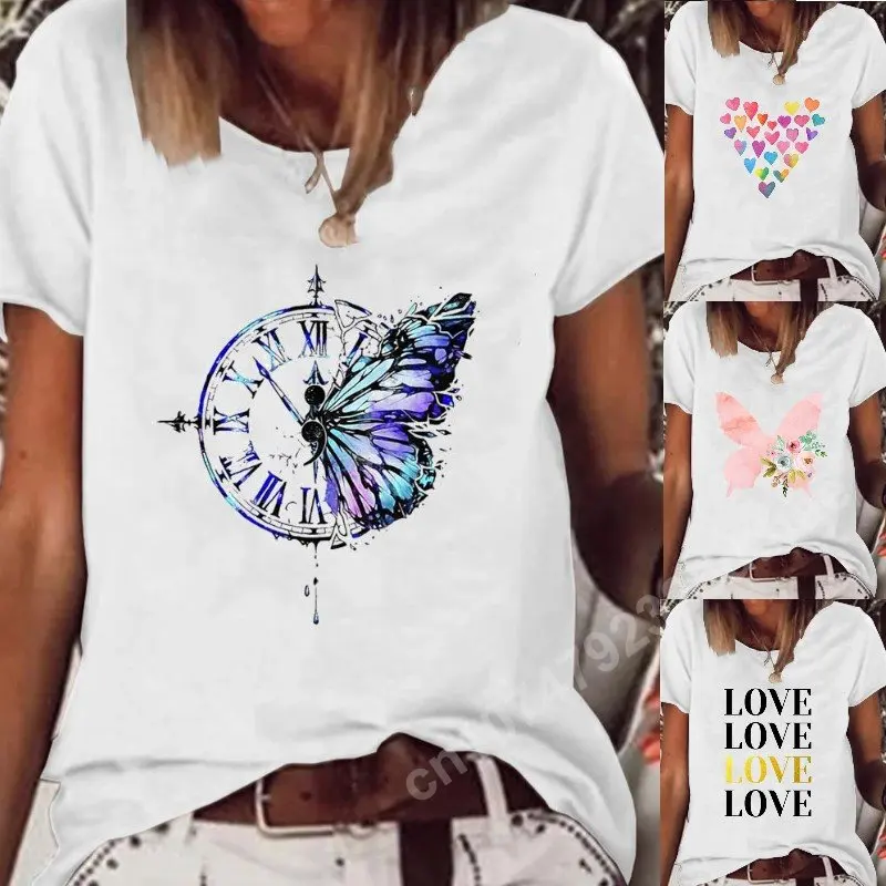 

Butterfly Print T-shirt Women Clothing Summer Tees Love Heart Casual Tops Harujuku Short Sleeve T Shirt Oversized Loose Clothes