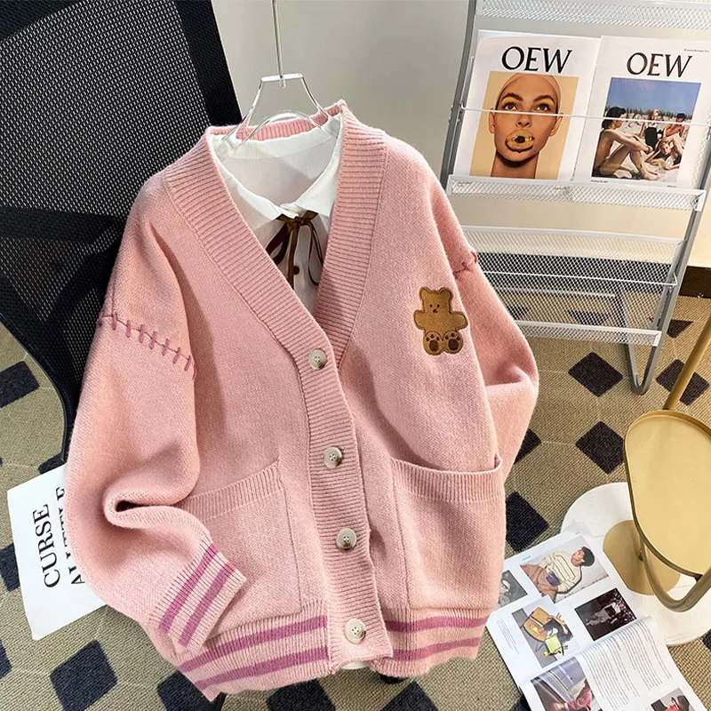 

Sigutan Autumn New Cute Bear Print Cardigan Women V-neck Single Breasted Female Sweater Casual Preppy Youth Girl Knit Tops