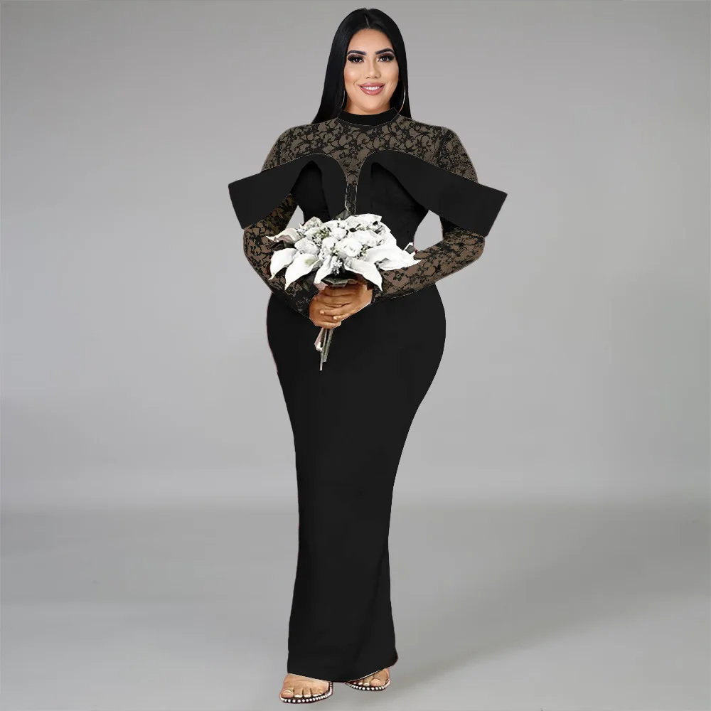 EOENKKY Plus Size Fashion Temperament Skirt Splicing Mesh Wrap Hip Slim Dress Exotic Apparel Wholesale Dropshiping Customize