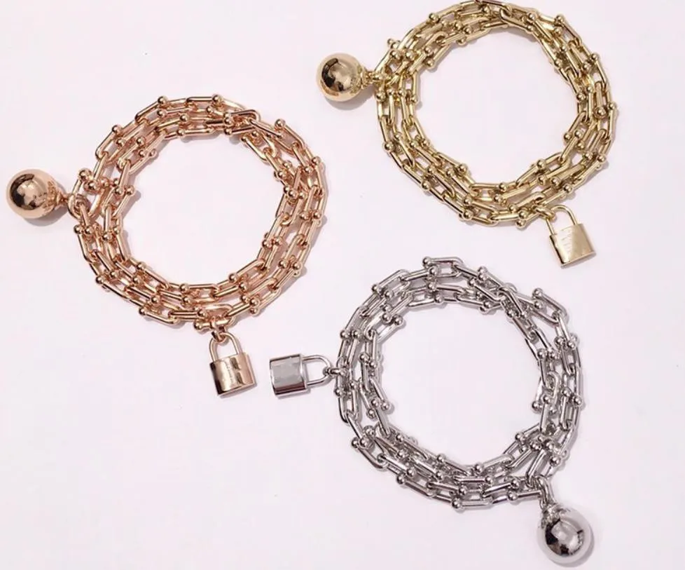 

925 Sterling silver Delicate Double Layer Lock Bangle Sparkling Rose Gold round ball bead Bracelets Punk rock Party jewelry