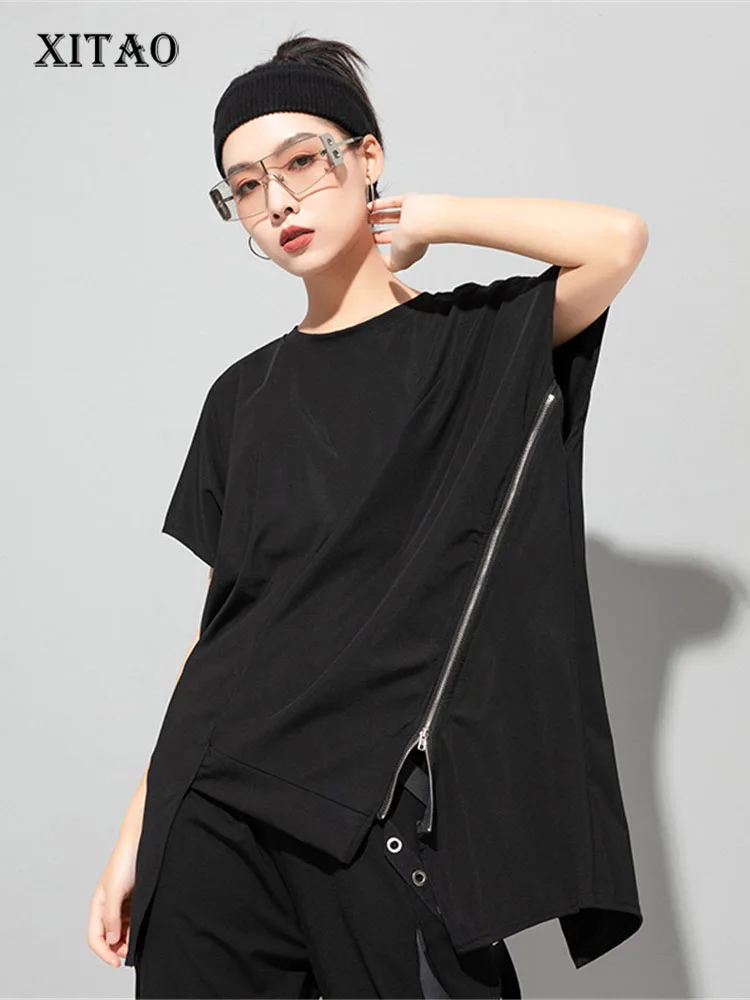 

XITAO Irregular Black T Shirt Small Fresh Casual Style Pullover Pleated 2022 Summer Solid Color Elegant Minority Tee WLD7876