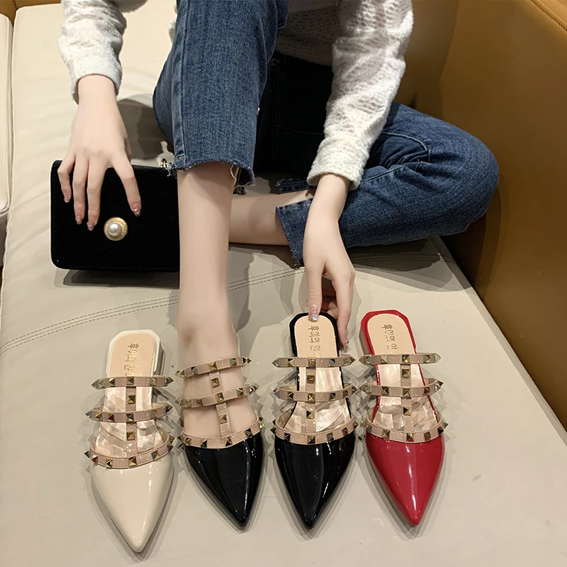 Women's sandals 2022 summer new style Baotou flat bottom pointed rivet half slippers women's low heel fashion designer slippers
