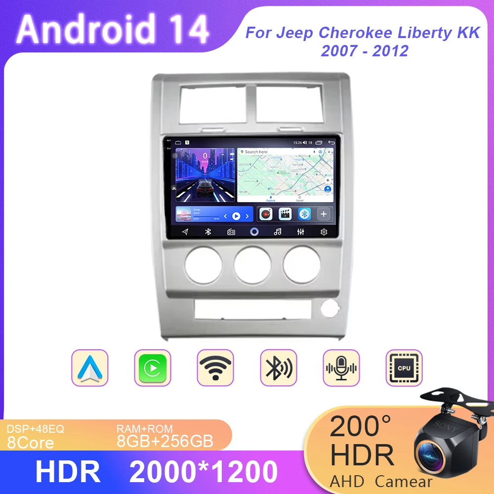 Автомагнитола на Android 14 для Jeep Cherokee Liberty KK 2007-2012 автомобильный мультимедийный
