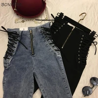 jeans women lace up skinny all match zipper simple trendy ankle length trousers womens spring autumn slim female high quality