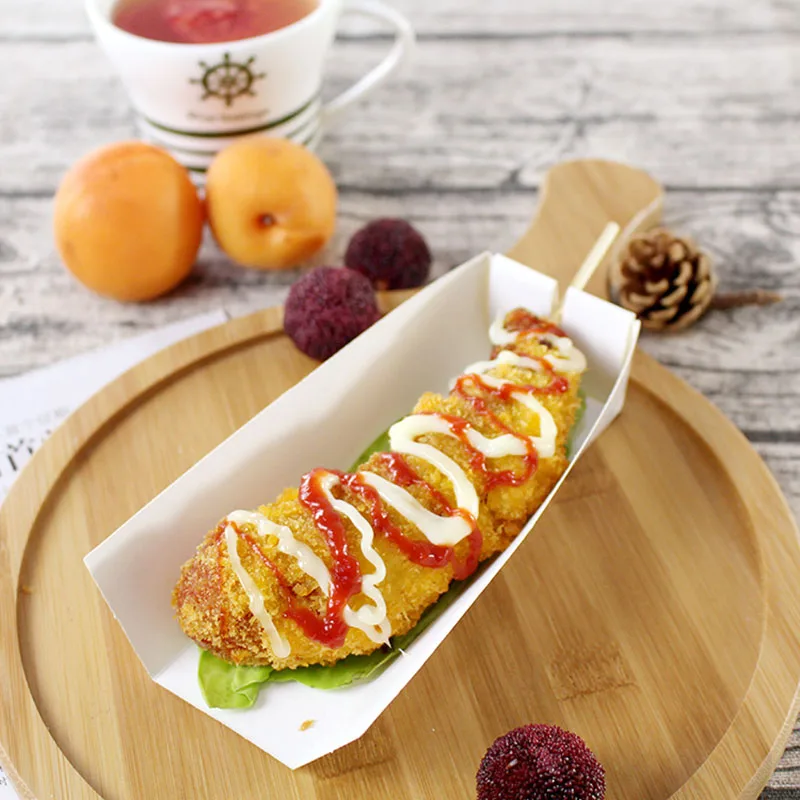 

100pcs Disposable Cheese Dog Package Paper Box Hot Dog Stick Packaging Box Street Snack Food Tray Take Out Box