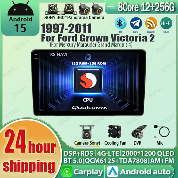 Фото Android 15 Carplay Auto Qualcomm 2K QLED экран автомобильное радио для Ford Grown Victoria 2 Mercury Marauder Grand Marquis 4 1997-2011 №1
