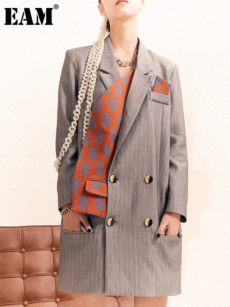 

[EAM] Women Gray Striped Long Big Size Blazer New Lapel Long Sleeve Loose Fit Jacket Fashion Tide Spring Autumn 2022 1DE8522