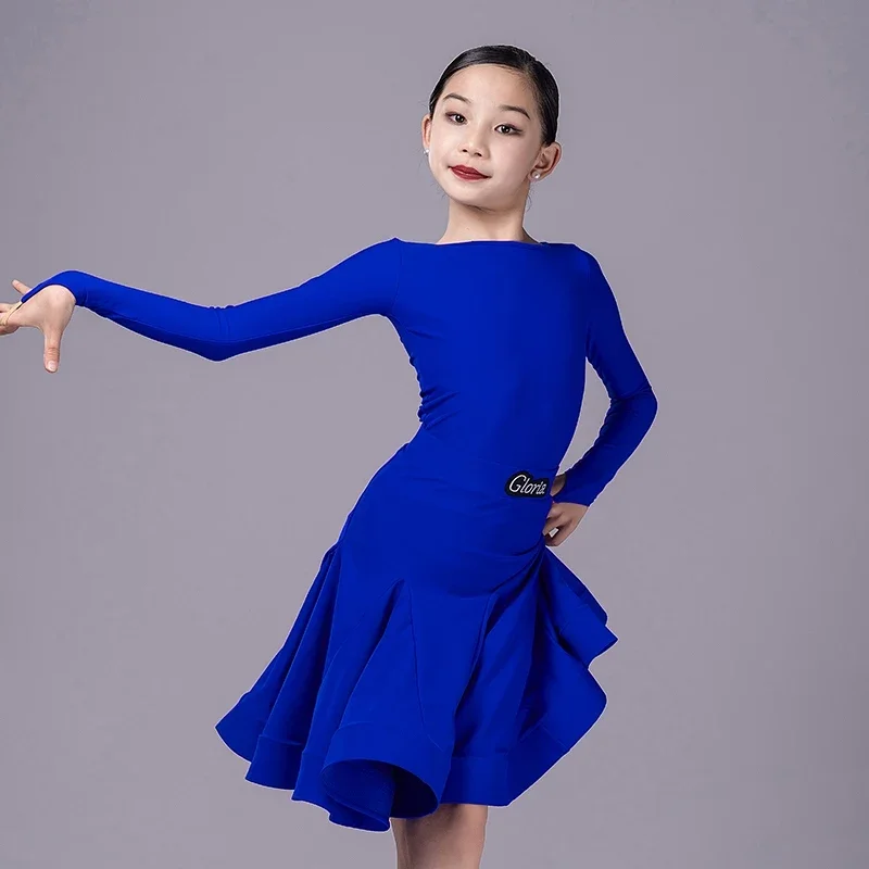 Синее черное платье для соревнований по латинским танцам с длинными рукавами