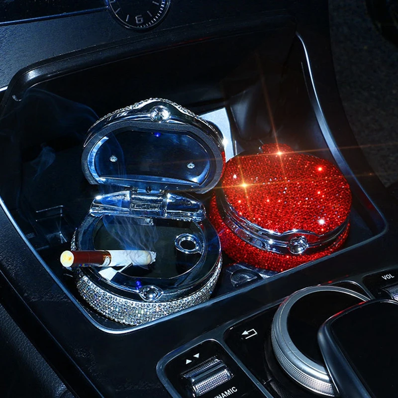 

Bling Rhinestone LED Car Ashtray with Lid Portable Plastic Auto Blu-ray Cigarette Cylinder Ash Cup Car Interior Accessories