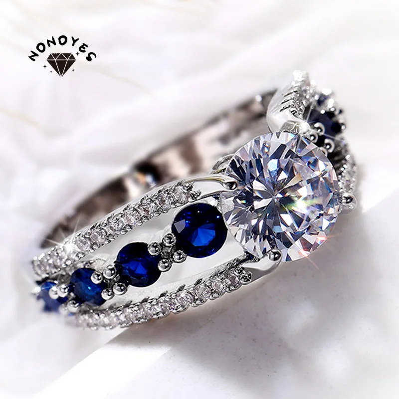 

Luxury Jewelry Special-interest Wedding Rings Women Blue/White Round CZ Novel Designed Female Party Ring Temperament Gift