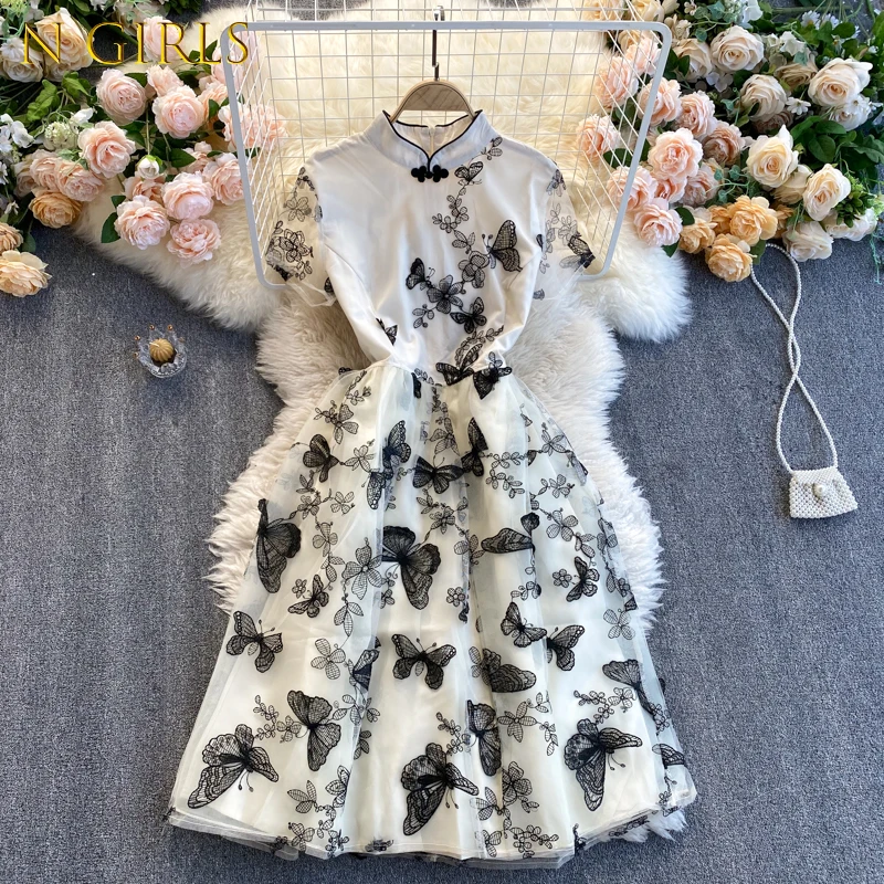 

N GIRLS2022 Chinese Style Vintage Dress for Women Cheongsam-improved Collar Chic Embroidery Butterfly Woman Dresses Short Sleeve