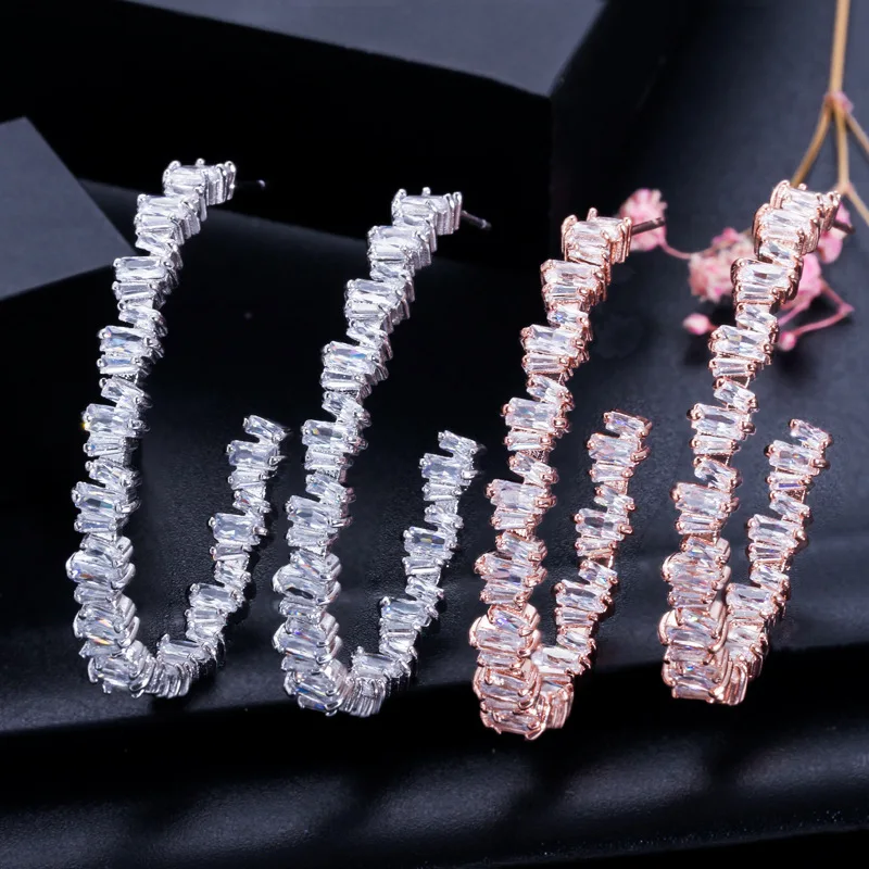 

Luxury Baguette Cubic Zirconia Women Wedding Party Big Circle Rose Gold Color Hoop Earrings High Jewelry Addiction