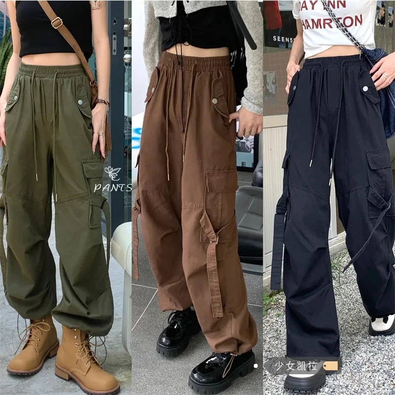 

American Vintage Oversize Black Pants Women Fashion Hip Hop Drawstring Trouser Female Harajuku Pocket Wide Leg Streetwear New