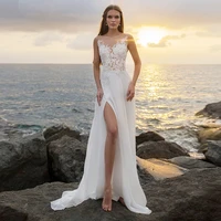 elegant o neck a line wedding dress sexy high side slit sleeveless lace appliques bridal gown illusion tulle robe de mariee