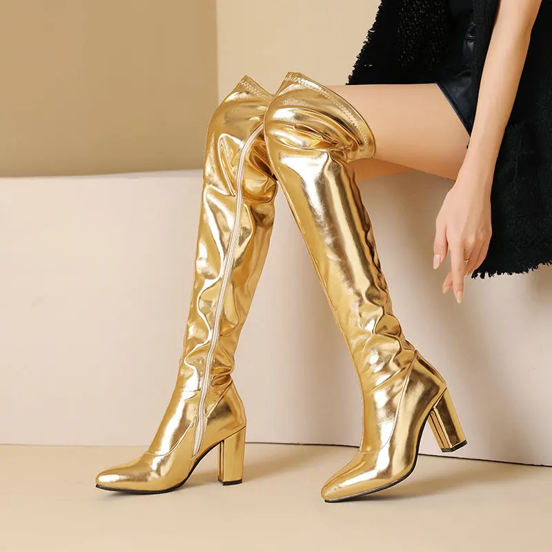 

Золотистые блестящие сапоги выше колена, женские осенне-зимние сапоги выше колена на Высоком толстом каблуке, Стрейчевые сапоги