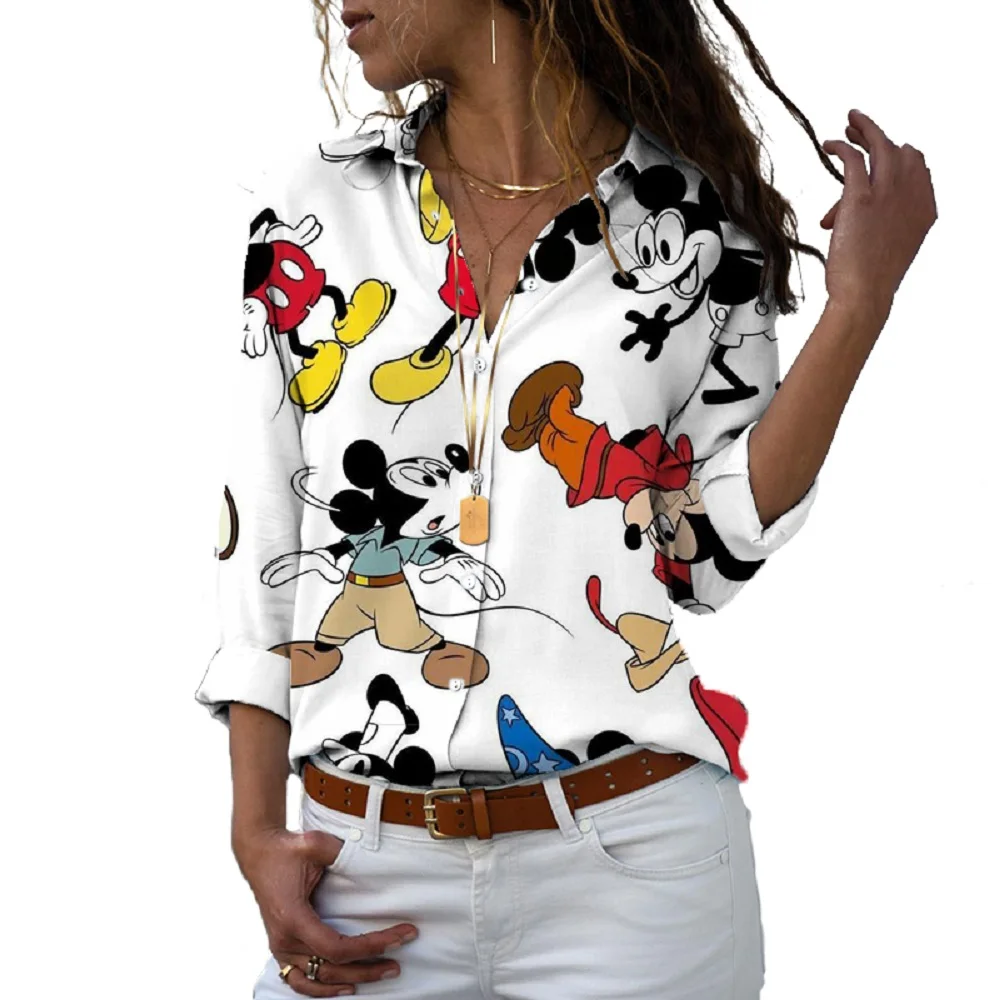 Chemise boutonnée à simple boutonnage pour femme manches longues coupe couvertes impression 3D Minnie Harajuku revers-decon