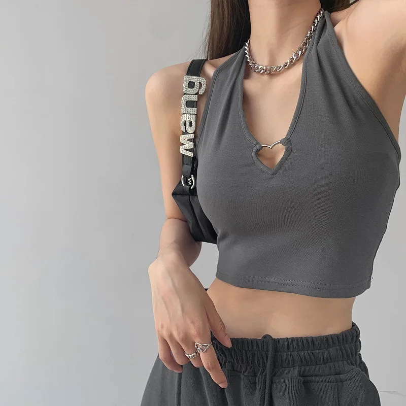 

Spicy Girl Metal Heart Hollow Neck Hanging Strap Sleeveless Top Short Tank Top