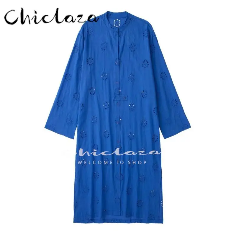 

CHICLAZA 2022 Summer Women Fashion Hollow Embroidered Dresses Female Vintage V-Neck Long Sleeves Beach Dress Ladies