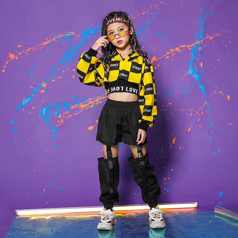 Children Girl long Sleeve Black Yellow Hip Hop Hiphop Ds Jazz Dance Costumes Ballroom Clothes Outfit Girl Clothes