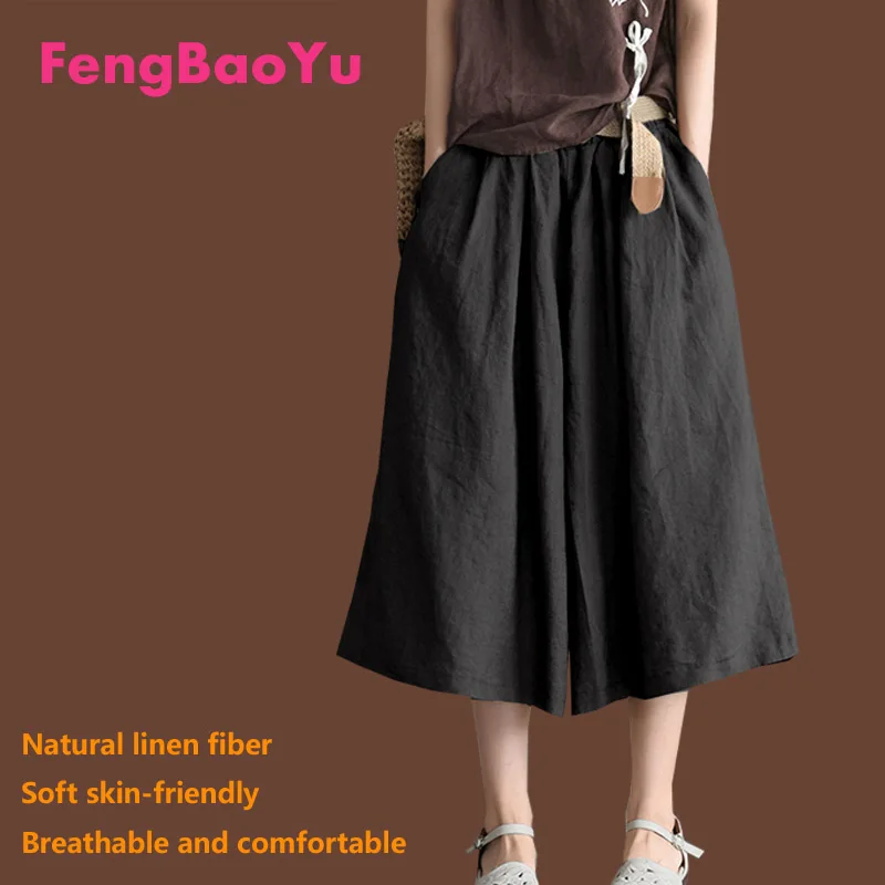 Fengbaoyu Summer Flax Wide-leg Trousers Loose Leisure Temperament Retro Literature Art Leg Skirt Cotton Silk Women's Clothes 5XL