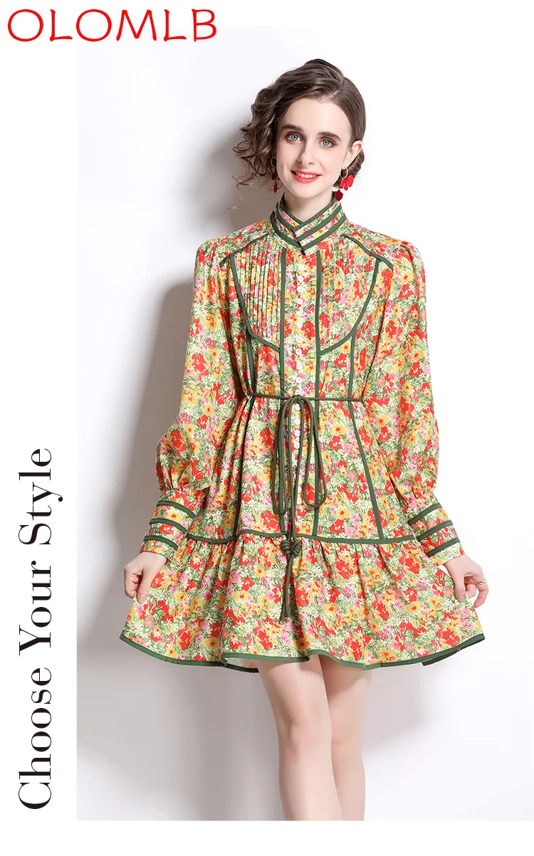 

OLOMLB 2022 Women Spring New Stand Collar Long-sleeved Dress Single-breasted Loose Waist Tie Slim Floral Print Short Skirt