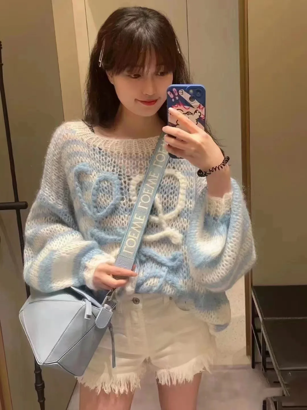 

Senior Sense Of Leisure Ageing Gentle Style Blue And White Hollowed Out Pullover Knitted Sweater Female 2023 New Fall And Winter