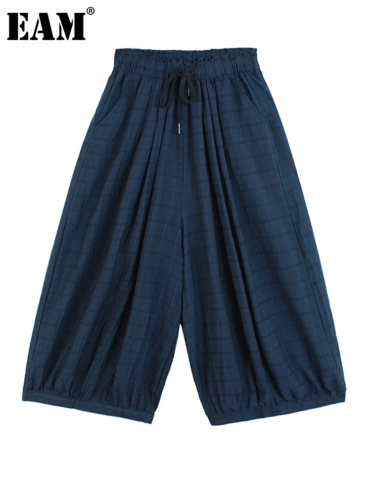 

[EAM] High Elastic Waist Navy Striped Long Wide Leg Trousers New Loose Fit Pants Women Fashion Tide Spring Autumn 2022 1DE8266