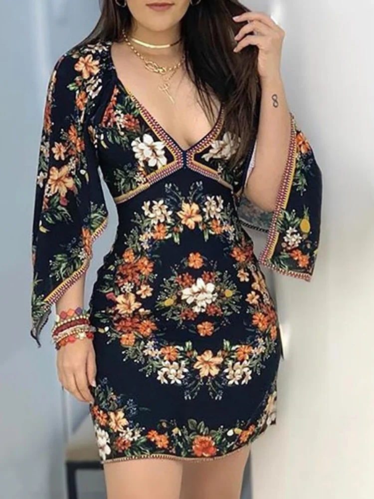 

2023 Sexy Deep V Neck Floral Print Mini Bodycon Dress Women Butterfly Sleeve Casual Slim Summer Dress