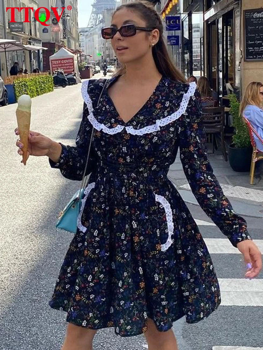 

TTQV Fashion Black Patchwork Dresses For Women 2023 Elegant Long Sleeve High Waisted Dresses Casual Print Mini Dress Streetwear