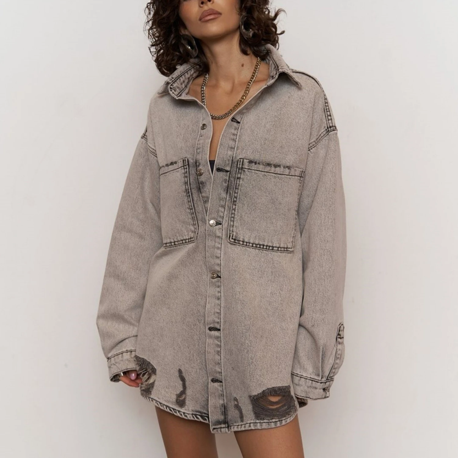 Винтажная джинсовая рубашка с буквенным принтом для женщин роскошная синяя