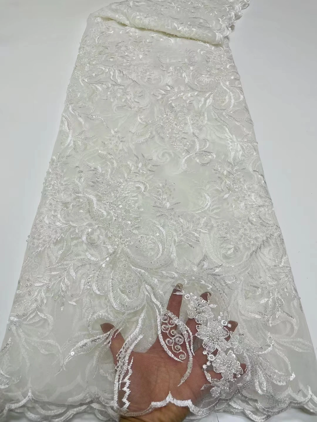 

5Yards Elegant 2022Best Quality Embroidery heavior Hand Lots Beads Lace Fabric For Wedding Dress NN269-E