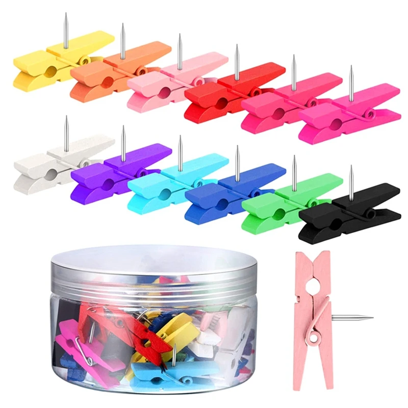 

60Pcs Wooden Clip Pushpin Office Stationery Color Pushpin Cork Board Photo Wall Small Clip Pushpin