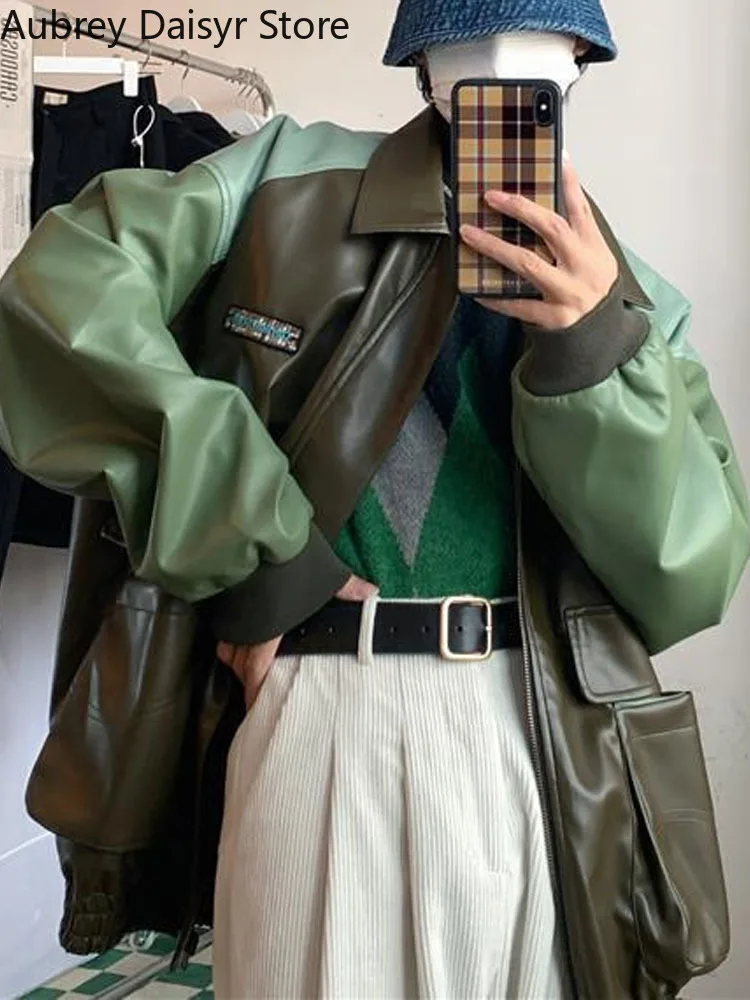 Korean Fashion Leather Jacket Women Winter Streetwear Warm Biker Zipper Jacket Vintage Chic Patchwork Loose Harajuku Coat 2022