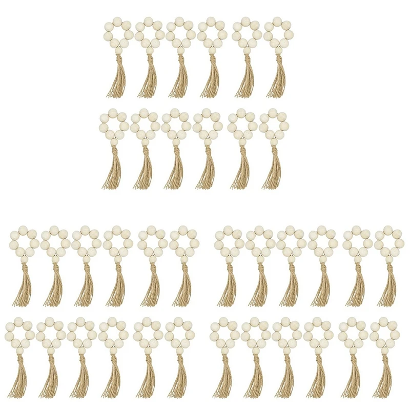 

36Pcs Wood Bead Napkin Rings With Tassels Rustic Farmhouse Wood Beads Garland Wall Hanging Decor Weddings Home Decor