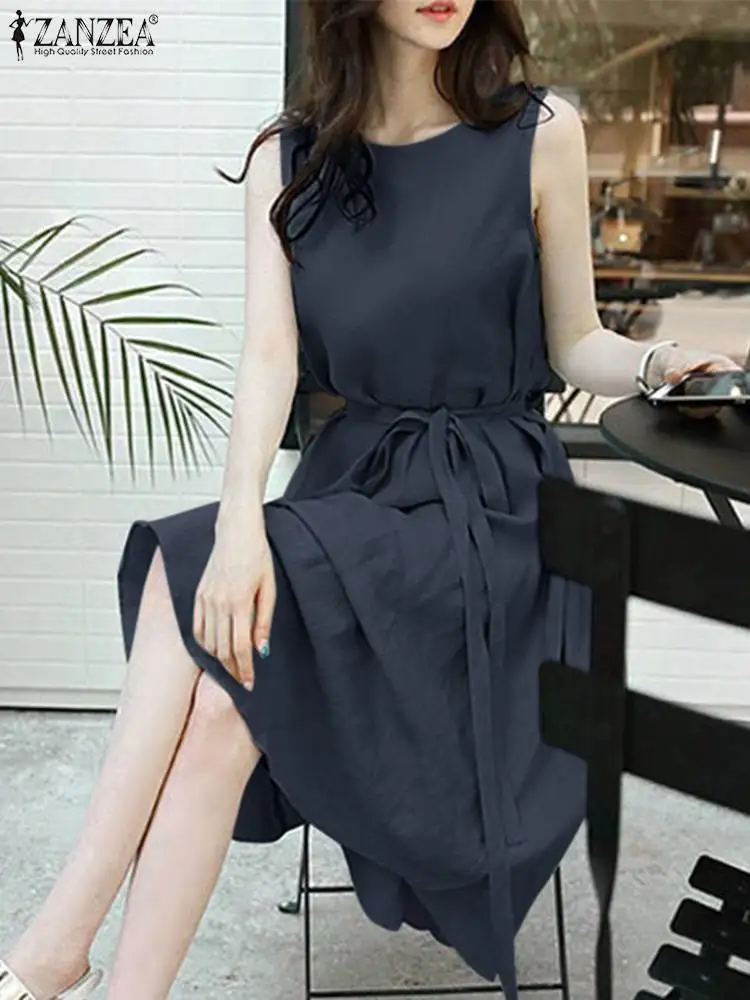 

Элегантное летнее платье ZANZEA Новые повседневные однотонные хлопковые свободные платья до середины икры пляжная одежда Vestidos 2022 женская оде...