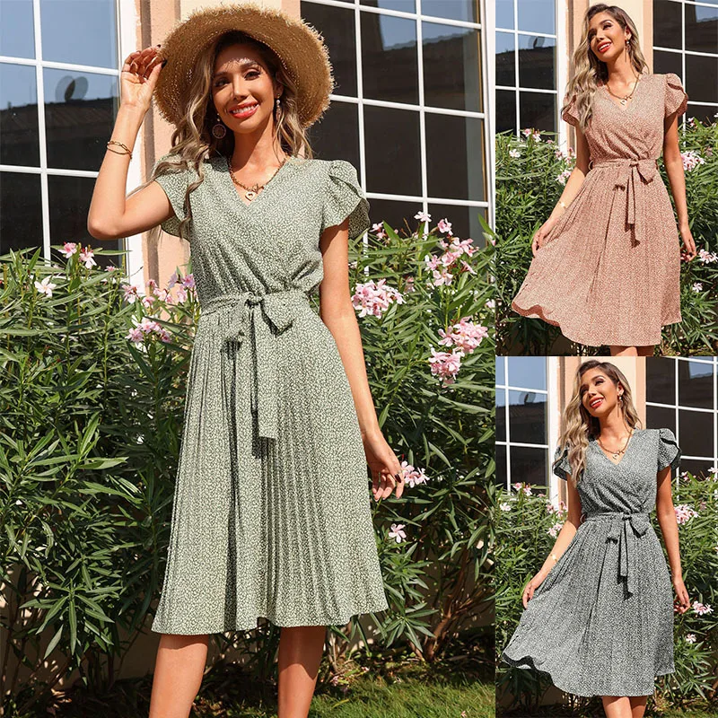

Women's 2022 Spring Summer High Waist Printed Lace-Up Dress Casual Pleated V-Neck Mini Dress Ladies Holiday Beach Boho Dresses