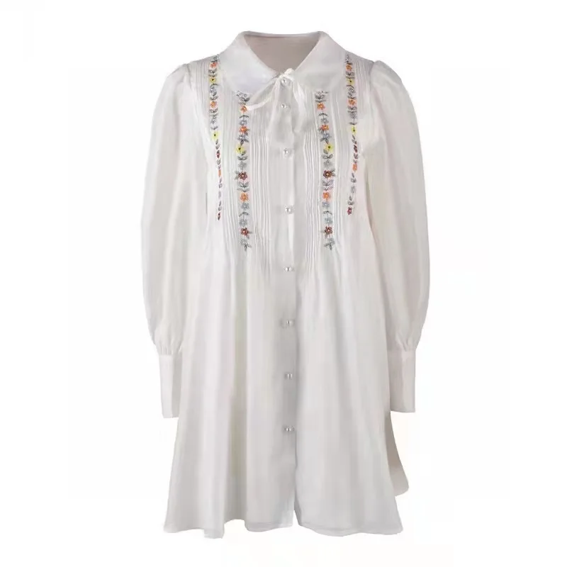 High Quality New Long Shirt Dress 2022 Autumn Ladies Peter Pan Collar Colorful Floral Embroidery Long Sleeve Casual White Dress
